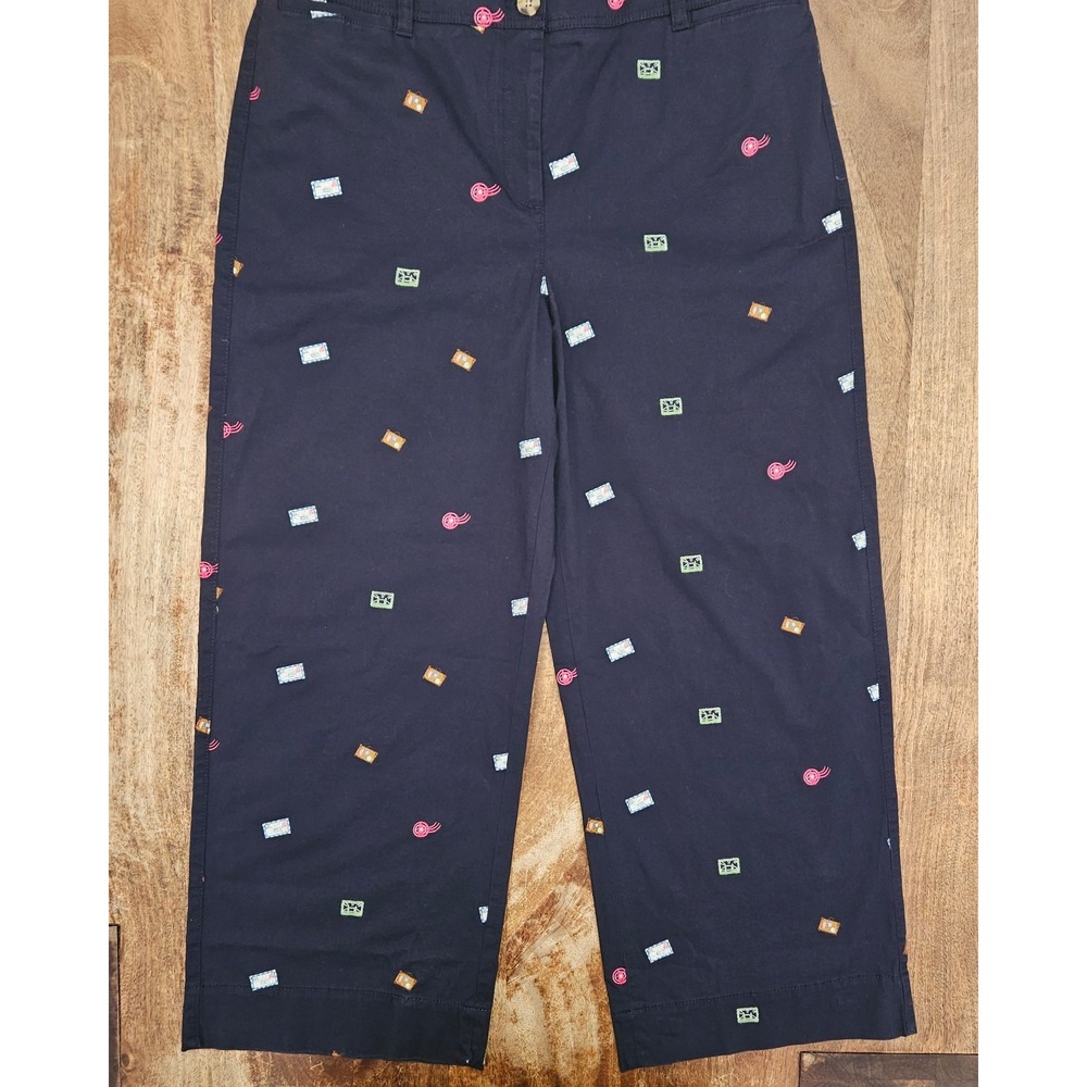 Talbots Wide Ankle Heritage Twill Pants Womens 16 Blue Wanderlust Stamp Pattern